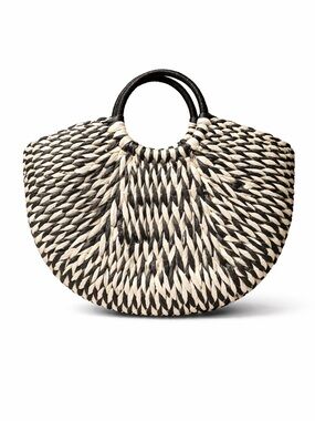 Black Ivory Woven Raffia Tote Bag Boho Coastal Round Handle Anthropologie Style